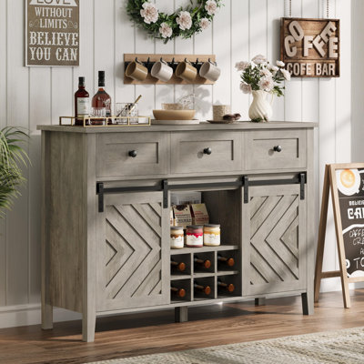 Farmhouse Buffet Cabinet with Sliding Barn Door – Rustic Sideboard with 3 Drawers, Adjustable Shelf & Removable Wine Rack for Dining, Kitchen, Living Room (Vintage Gray, 1.2m)
