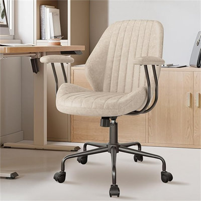 Fauteuil de bureau à dossier moyen, fauteuil de bureau de style Mid-Century moderne, siège de bureau ergonomique à support lombaire, fauteuil de bureau pivotant et pivotant avec accoudoirs réglables en hauteur, 350 lb (beige)