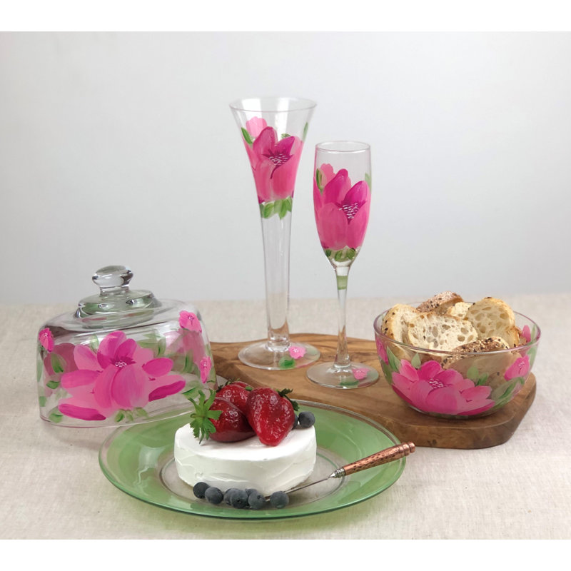 Hand Painted Pink Peony Glass Flute Set