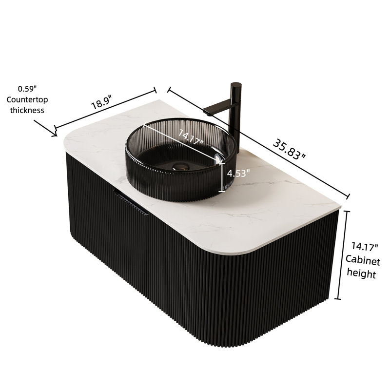 Meuble-lavabo 36 po avec armoire murale, rond noir transparent, tiroir rayé 3D, meuble-lavabo pré-assemblé, lavabo en verre, contreplaqué