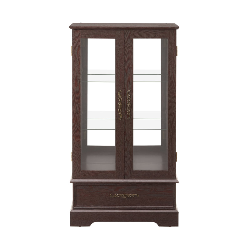 Élégante vitrine vitrée lumineuse avec tablettes réglables, 2 portes, 1 tiroir et ampoule, Espresso, Yes