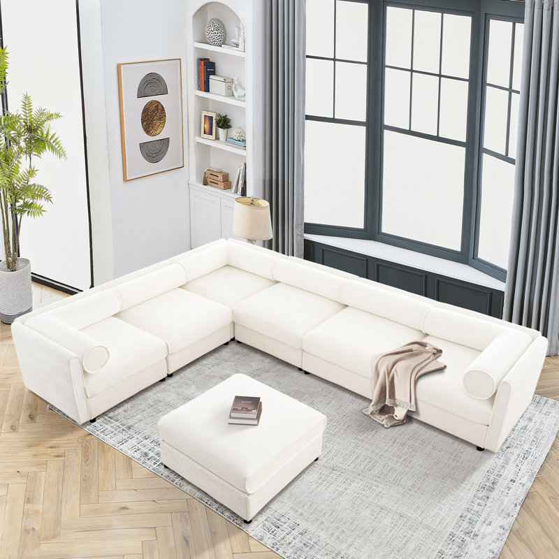 Solstice 142.5" 7-Piece Corner Sectional Chenille Sofa With Movable Ottoman, White Chenille
