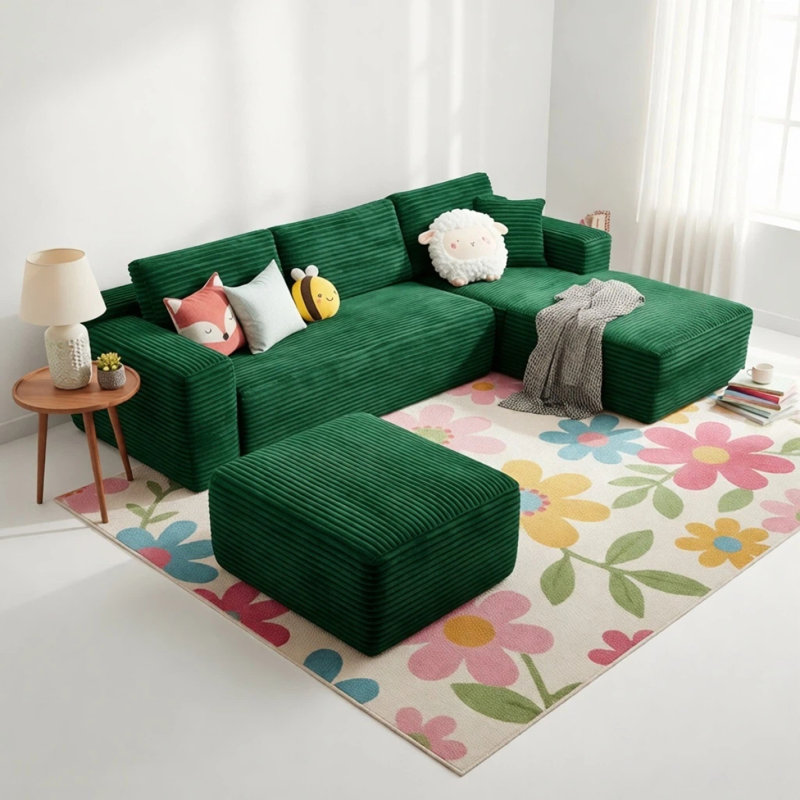 Canapé en L 106,5 po en L 3 po avec repose-pieds et repose-pieds faisant face à droite, Green Fabric, Right Hand Facing