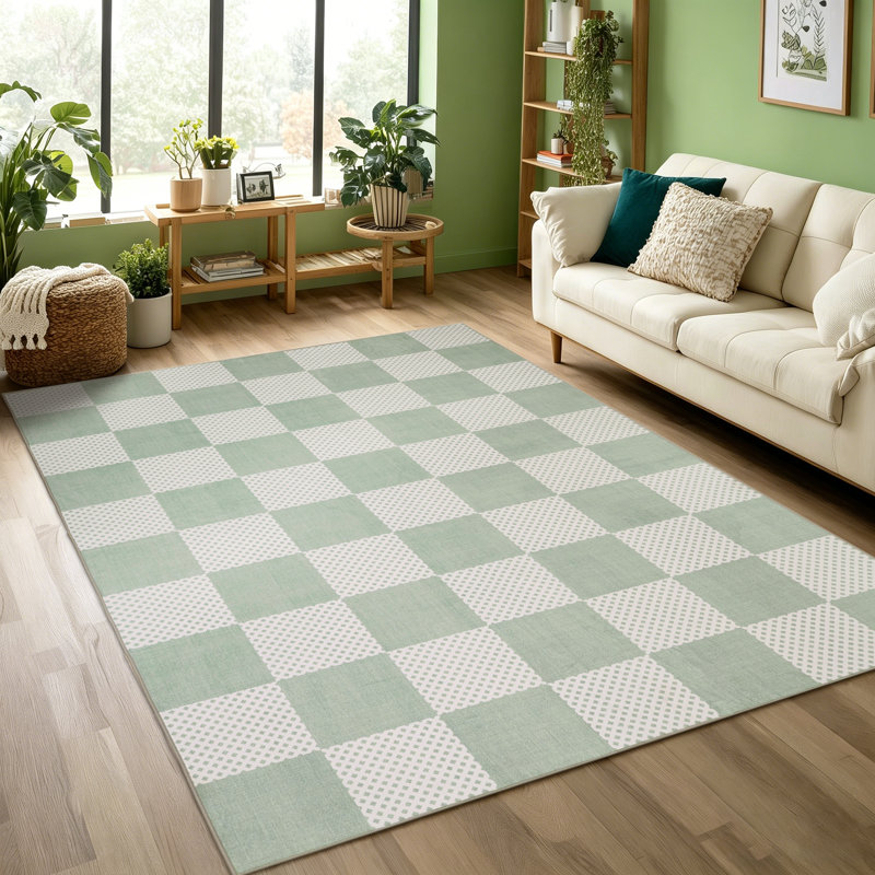 Modern Retro Checkered Pattern Area Rug in Sage Green/Cream, Rectangle 5' x 7'