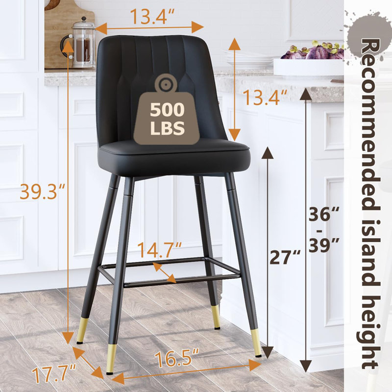 Bar Stools Set of 2,Counter Height Bar Stools with Back,Modern Faux Leather Kitchen Stools, Black, 2
