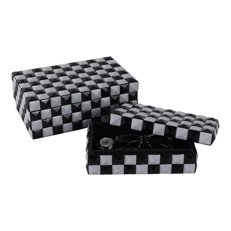 Latiara - Boîtes de rangement en résine et tissu de bois à texture pyramidale, damier, bureau à domicile, ensemble de 2 - 5 ", 4" noir et blanc