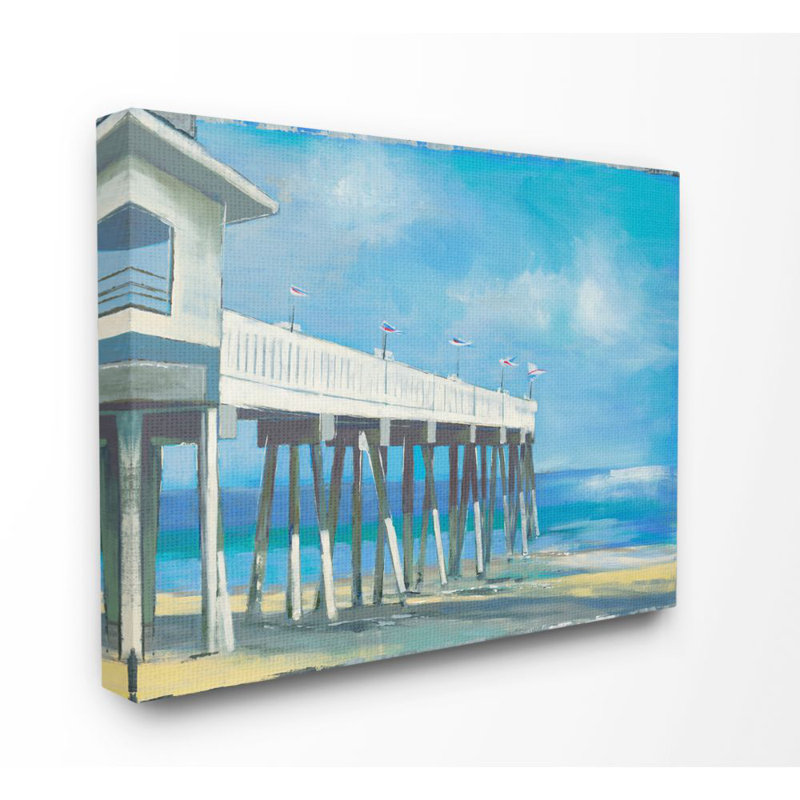 « beach boardwalk ocean blue landscape », reproduction d’art, H 30 po x l 40 po x P 1,5 po, Toile tendue