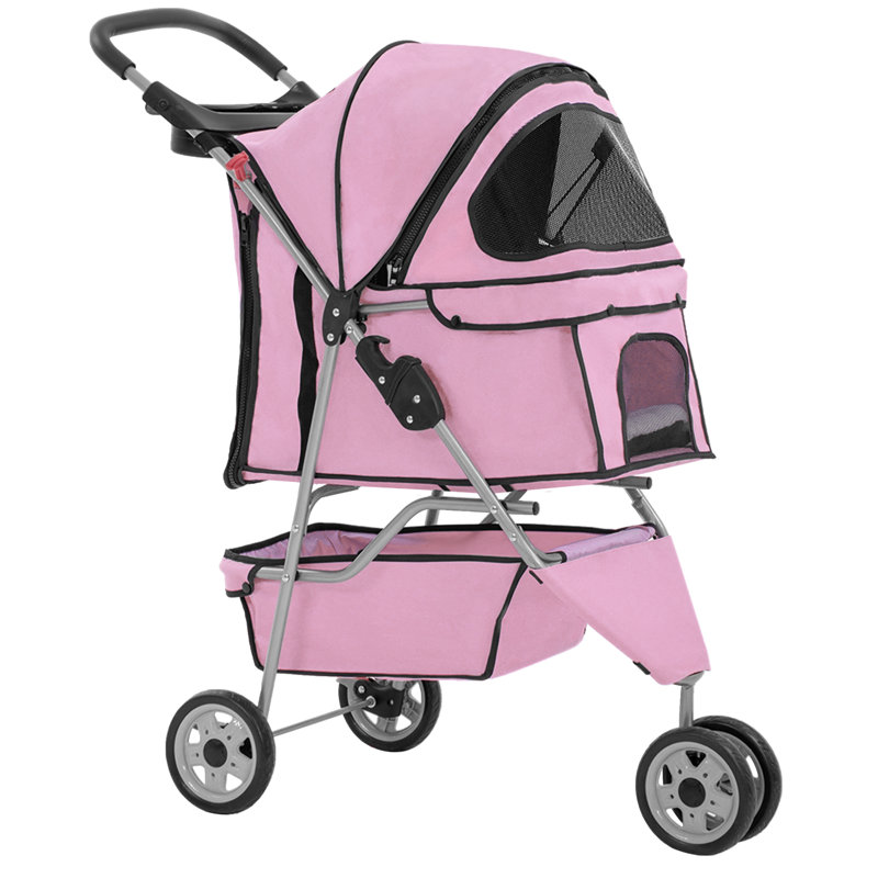 Pink 3-Wheel Folding Pet Stroller for Dogs and Cats