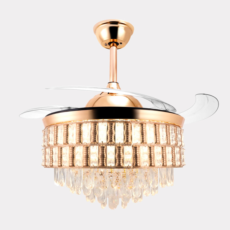 Ventilateur de plafond en cristal de 47 pouces avec lumière et télécommande Moderne doré à intensité variable Fandelier rétractable ventilateur de lustre pour chambre à coucher salon salle à manger