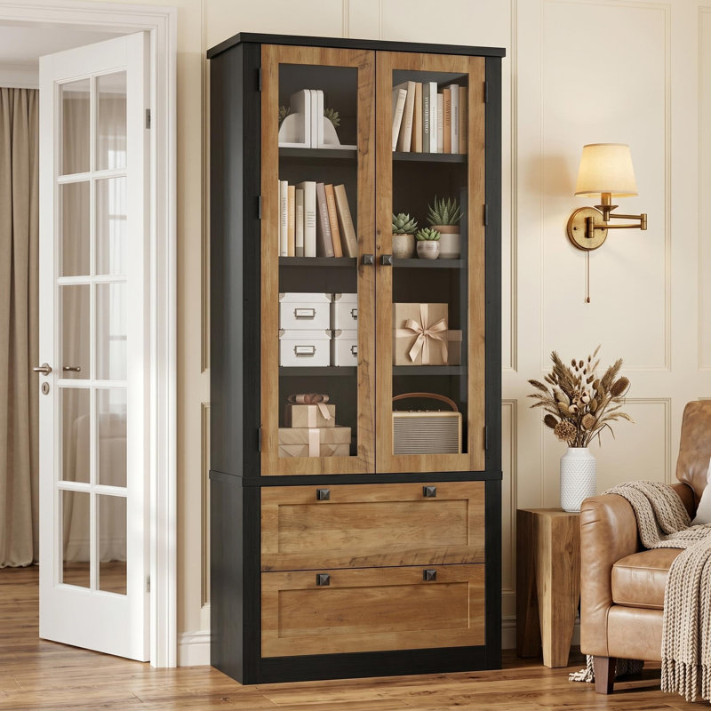 Armoire de cuisine 72 po, ferme moderne avec 2 tiroirs, tablettes réglables pour le salon de la salle de bain, Naturel/noir