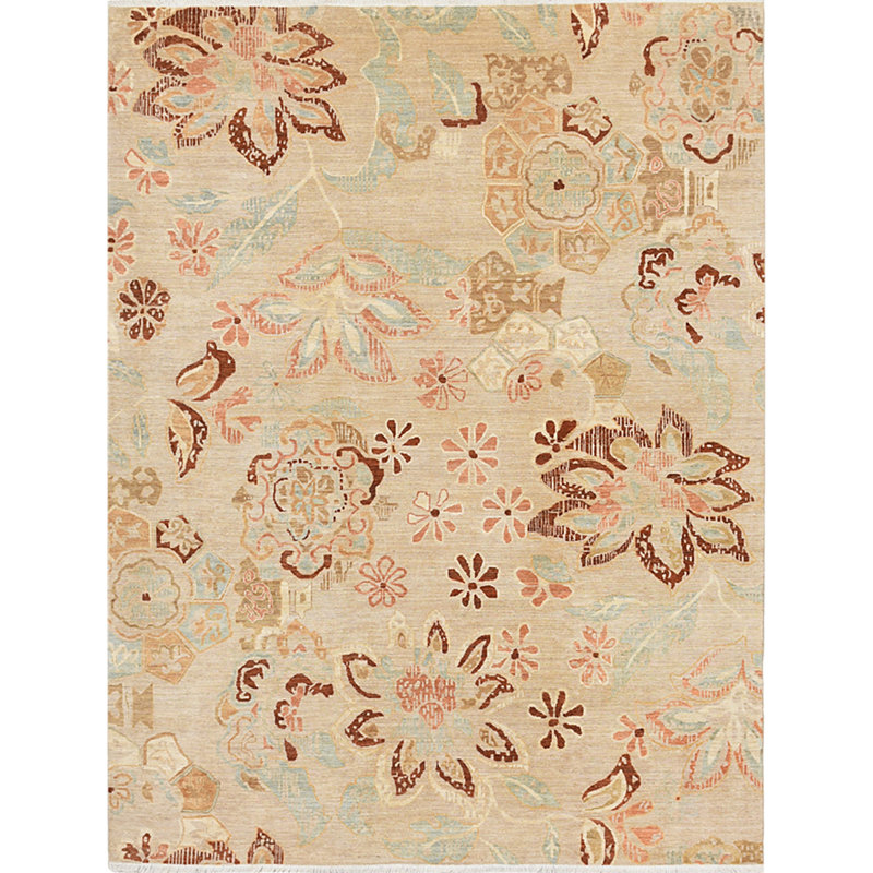 Tapis rectangulaire en laine noué à la main à motif floral sable, Rectangle 5 pi x 7 pi