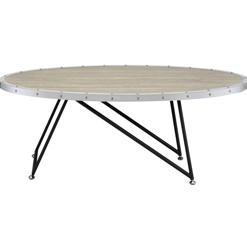 Table basse ovale avec placage en chêne gris patiné et structure en métal noir