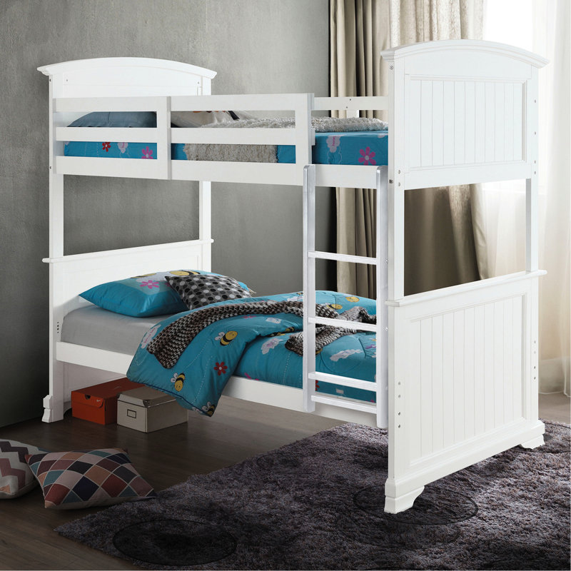 Transitional Style Twin Full Bunk Bed, White, Plank Design, Panel Headboard & , Reversible , Bracket Feet, Joint System Bed With And Headboard, Solid Wood Construction