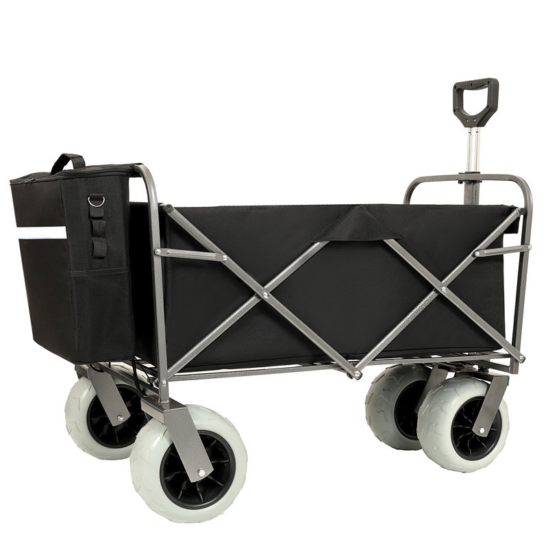 Chariot de plage avec de grandes roues pour le sable Capacité de 500 lb - Chariot tout terrain à structure en acier avec pneus pneumatiques de 9 po, conception pliable pliable, sangle avec sac multiusage, noir