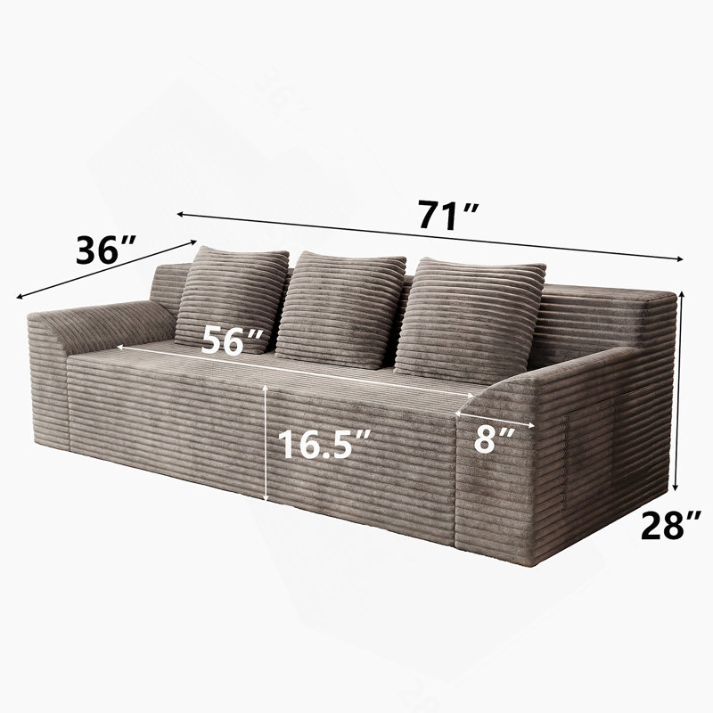 Canapé de 71 pouces en velours côtelé avec siège profond, coussins à double couche de type nuage, et aucun assemblage requis pour une utilisation multi-scène.