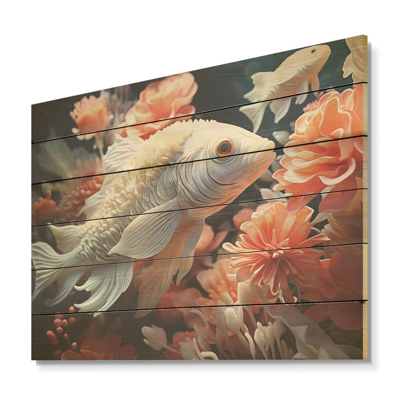 White Pufferfish Elegance - Coastal Coral Under Water Wood Wall Art On Natural Pine Wood, 30" H x 40" W