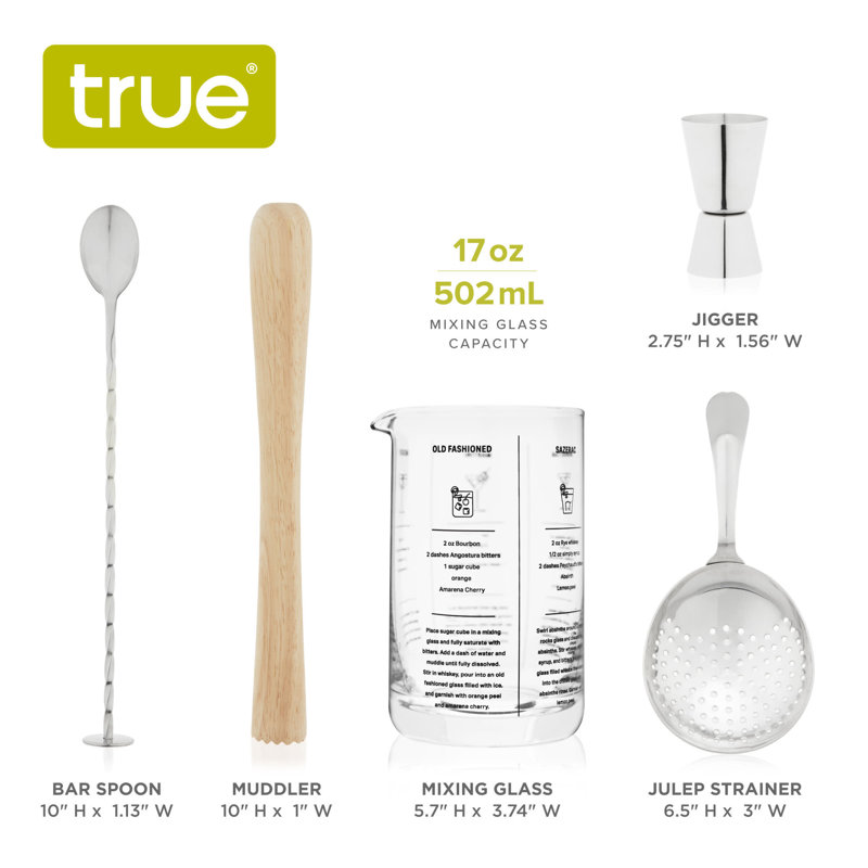 True Mixologist 5-Piece Stainless Steel, Wood, and Glass Cocktail Set