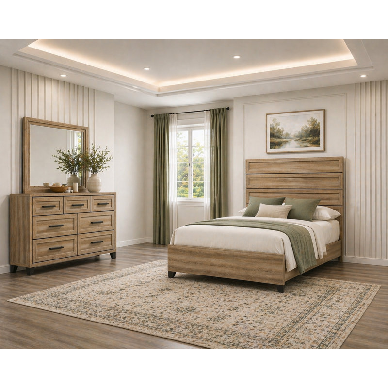 Ensemble de chambre à coucher à panneau classique avec finition brune, 3 pièces, Très grand lit