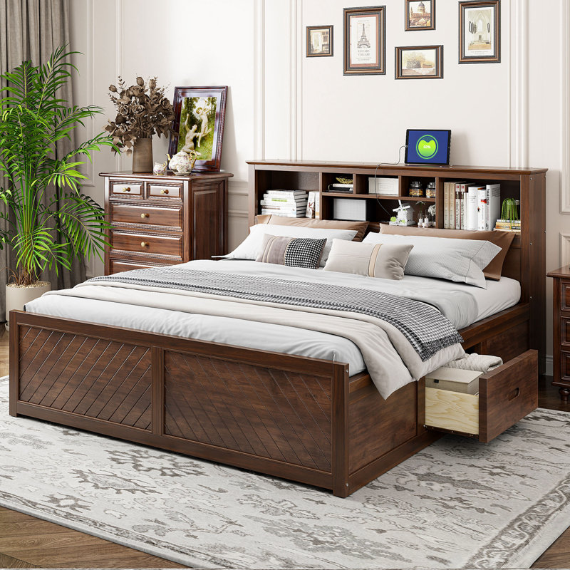 Lit plateforme très grand en bois avec tête de lit multi-rangement, USB et tiroirs, Brun