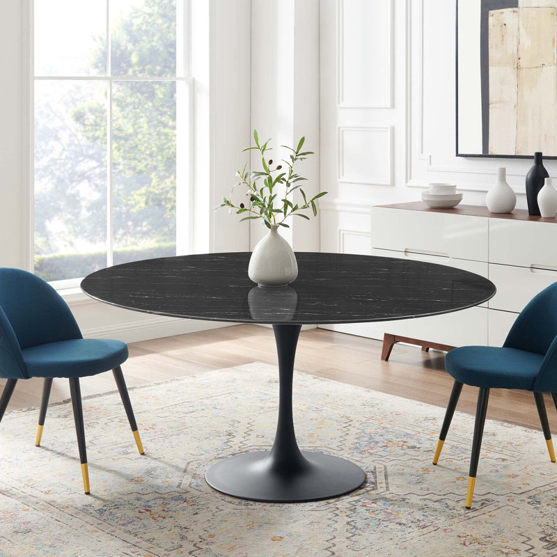 54" Round Black Marble Mid-century Modern Dining Table