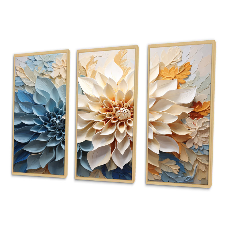 Simple, beige et bleu Dahlia V - ensemble d'art sur toile Dahlia, Cadre naturel flottant, H 40 po x l 60 po x P 1 po