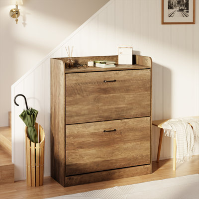 16 Pair Shoe Storage Cabinet, Farmhouse Shoe Storage Organizer Unit with 2 Flip Drawers