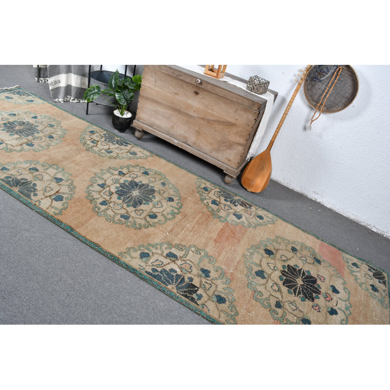 Tapis turc beige Oushak rétro idéal pour la cuisine, les escaliers et les planchers - Tapis de couloir antique 12553 - beige / vert