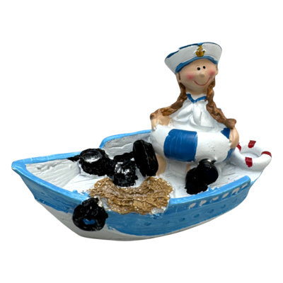 Set Of 2 Sailor Boy & Girl In Row Boats Figurines