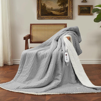 Gray Waffle Weave Heated Electric Blanket 90x100 Inch