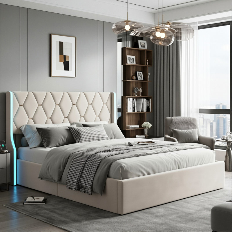 European Double (140X200cm) & King (160X200cm) Velvet Ottoman Bed,  Glam Wingback Storage Frame With LED Lights, Beige