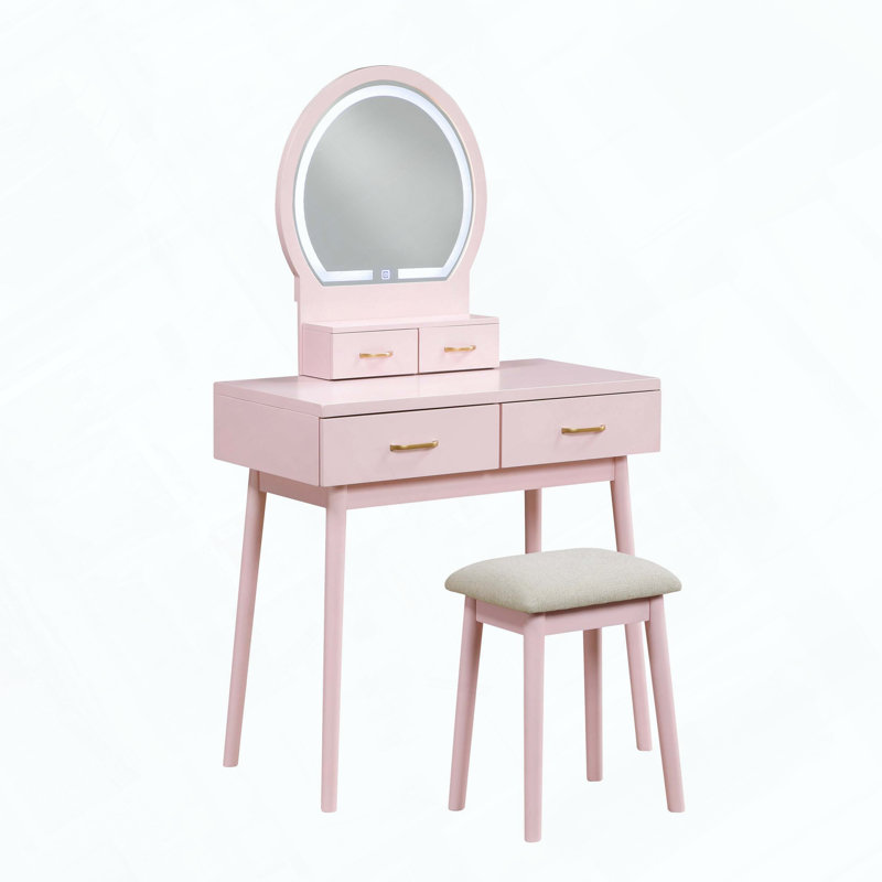 Pink Finish Vanity Dresser with Mirror, Stool and Storage Drawers, Pink