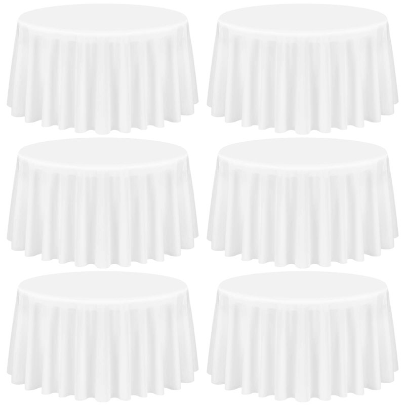 6-Pack 120-Inch White Round Polyester Tablecloth, Washable for Weddings, Parties, Banquets, and Camping, White