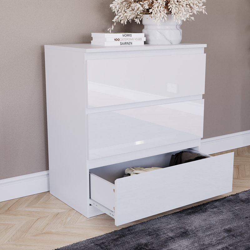 Oslo 3 Drawer High Gloss Chest, (FSC 100%) Bedroom Home Furniture, White