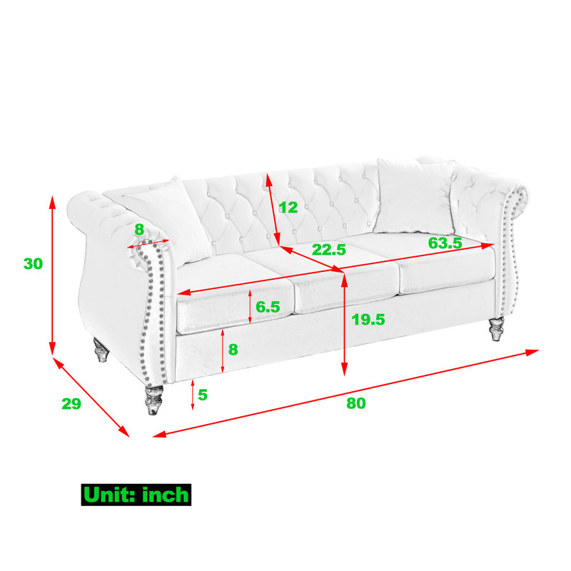 Chesterfield Sofa Velvet For Living Room, Seater Sofa Tufted Couch With Rolled Arms And Nailhead, Gray, 3