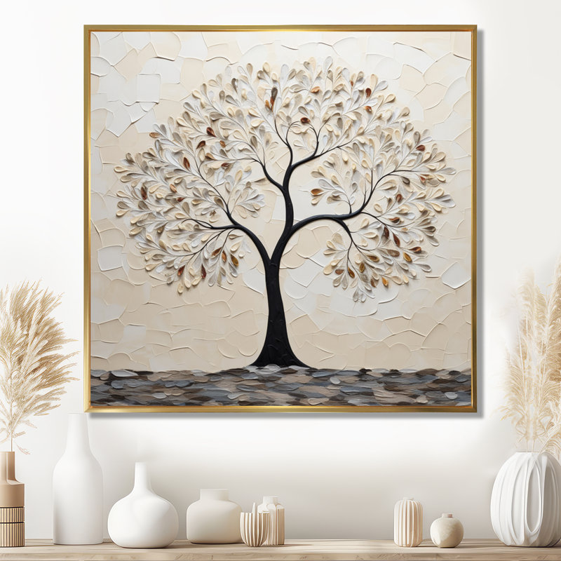 Silhouette d'arbre monochrome minimaliste - arbre, art mural de salon, H 36 po x l 36 po, Cadre doré flottant, bois massif