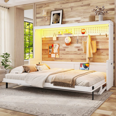 Queen Size Murphy Bed with Desk, USB Charging Station & LED Lights, White