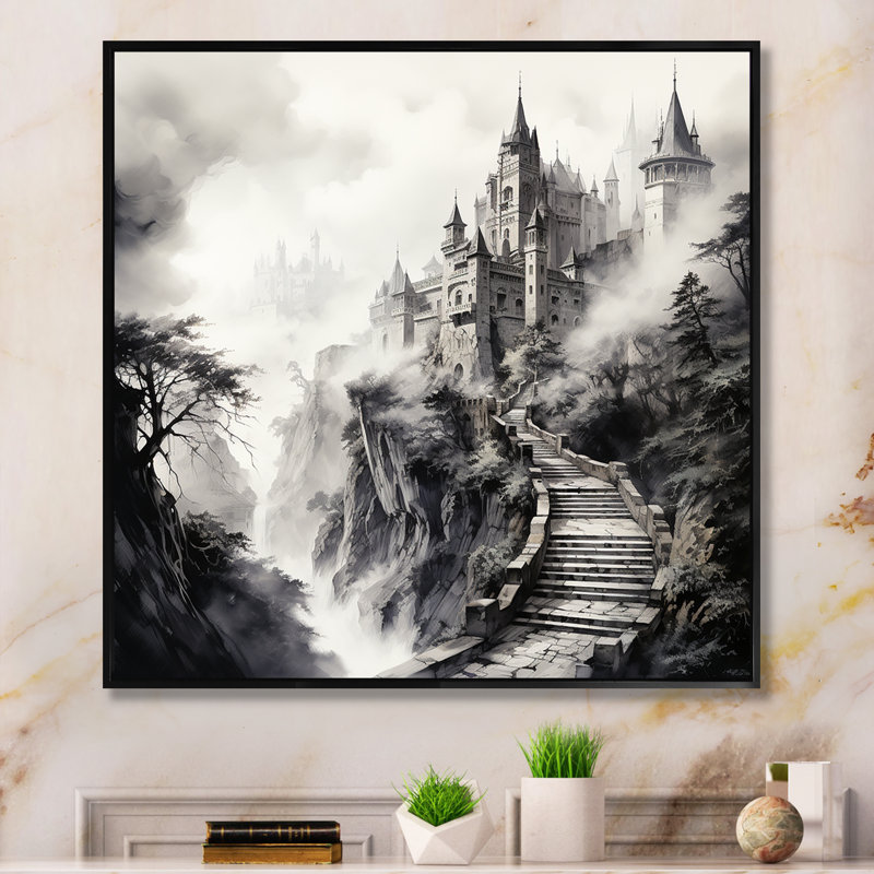 «Gray Foggy Fairytale Castle», art mural fantastique, Cadre flottant noir, H 16 po x l 16 po x P 1 po