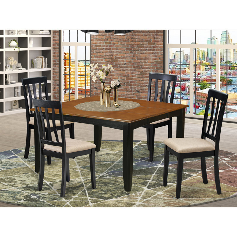 5 Piece Kitchen Table Set for 4 Includes a Square Dining Room Table with Butterfly Leaf and 4 Linen Fabric Chairs, Black & Cherry