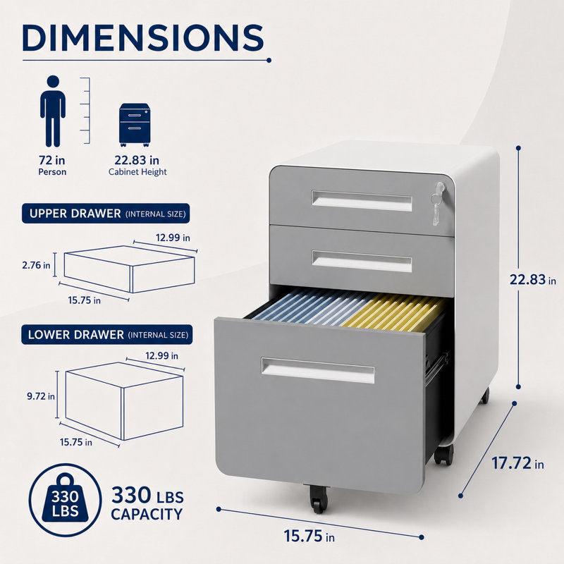 Bizoe Grey 3-Drawer Mobile File Cabinet with Lock, BIFMA Accredited, Rounded Corners for Home Office, White+gray
