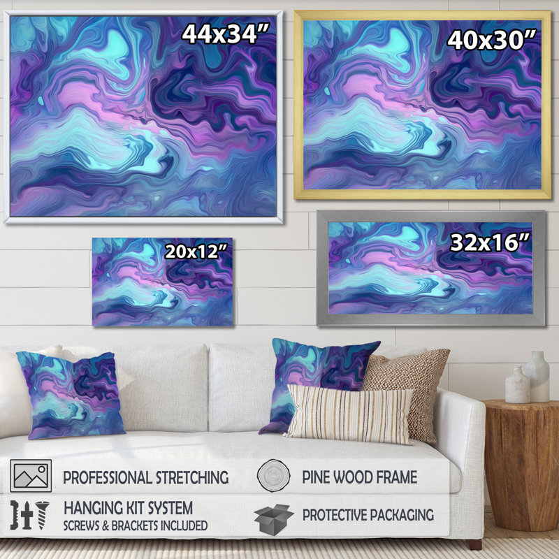 Turquoise mauve marbré fusion II - impression sur toile abstraite, H 16 po x l 32 po x P 1 po, Cadre flottant doré