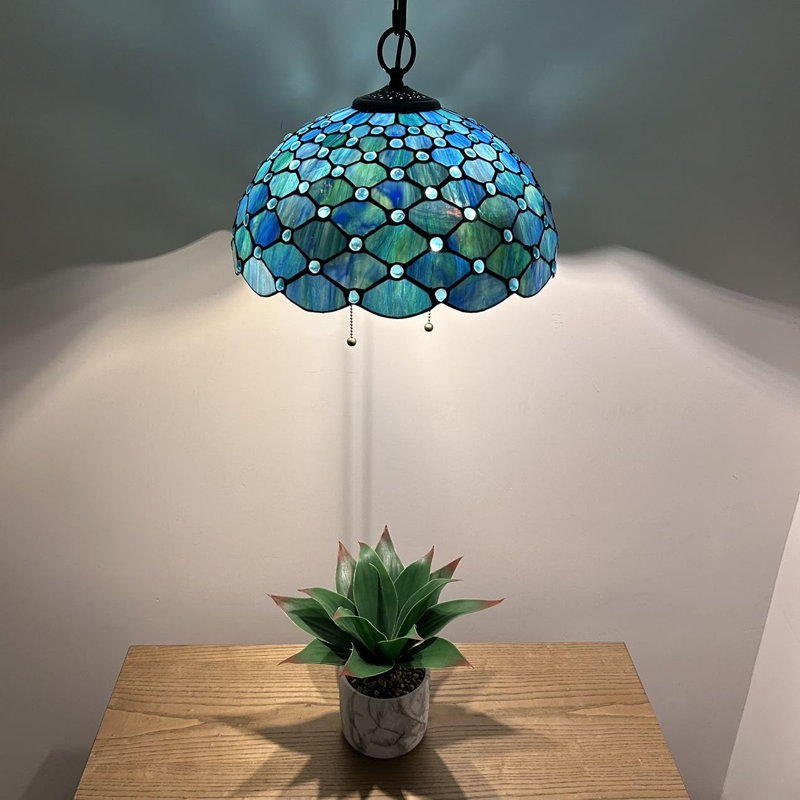 Belday Tiffany Pendant Lights Blue Stained Glass Crystal Beans LED Bulbs Included 16" W*16" D*75" H