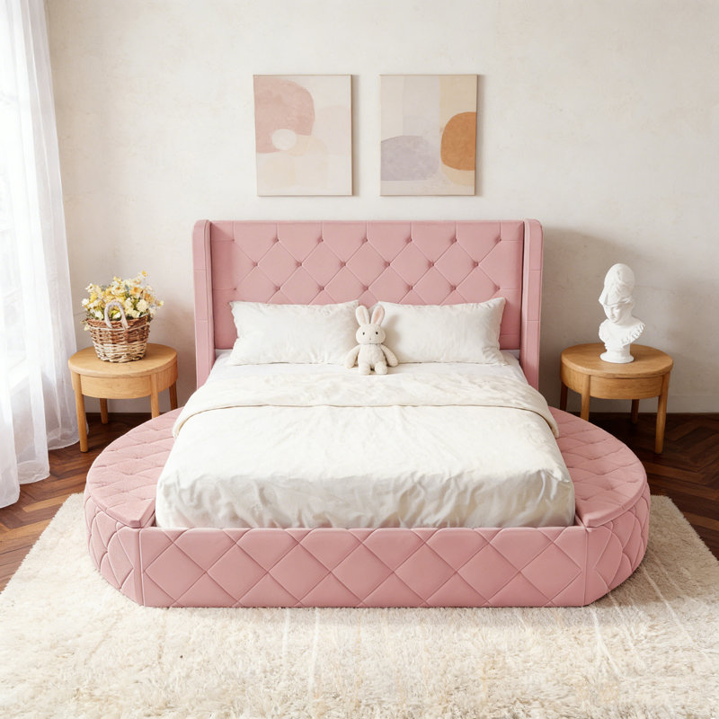 Pink Velvet Upholstered Queen Bed - Wingback Headboard, 1 Big Drawer + 2 Side Storage Stools, Pink