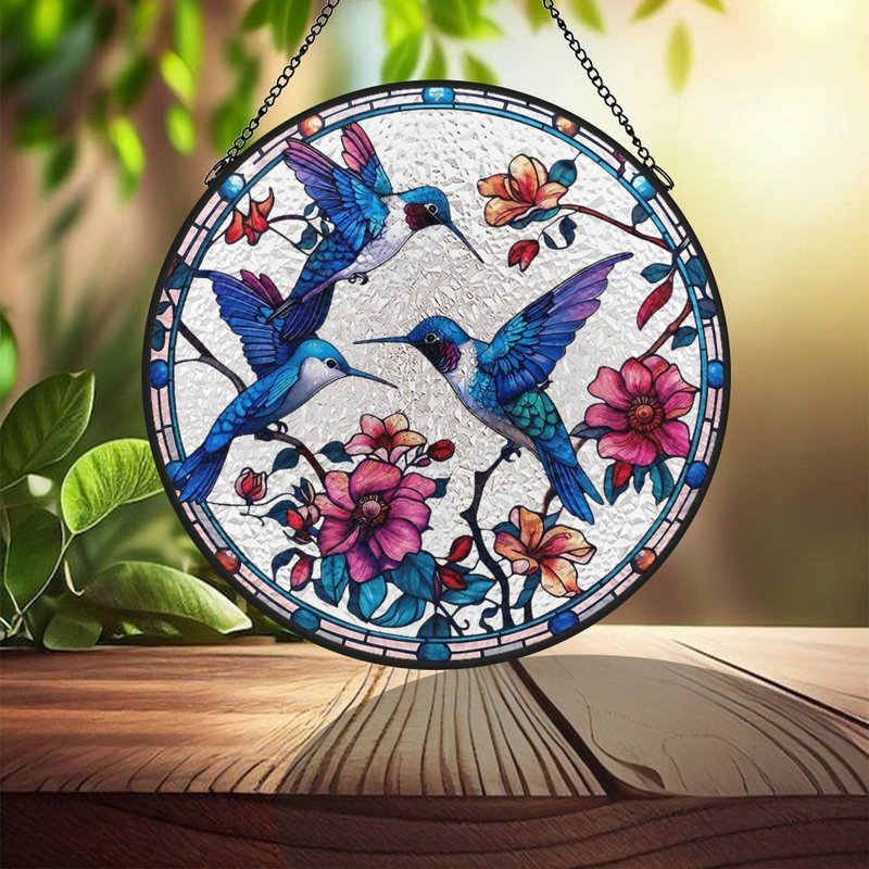 Colibris en verre coloré à motif de colibris pour fenêtre, 6,3 x 6,3 po (16 x 16 cm)