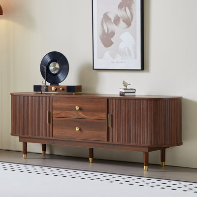 Mid-Century Modern TV Stand for TVs up to 75 Inch, 66.9'' Walnut TV Media Console with Drawers & Storage Cabinets & Hidden Space, Entertainment Center with Solid Wood Legs for Living Room