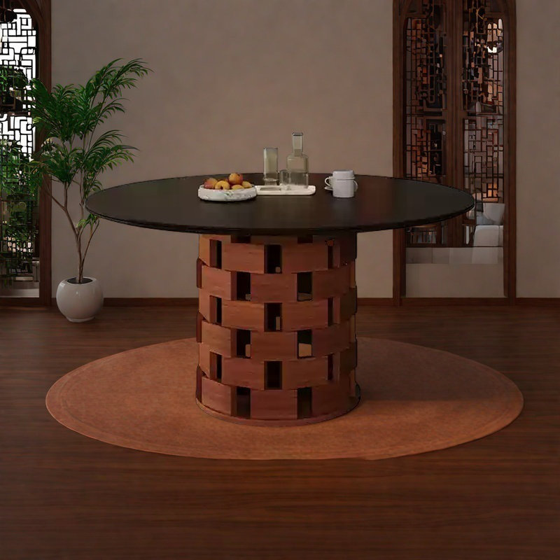 Granite tabletop with oak block base, 29.5"H x 55.1"L x 55.1"W