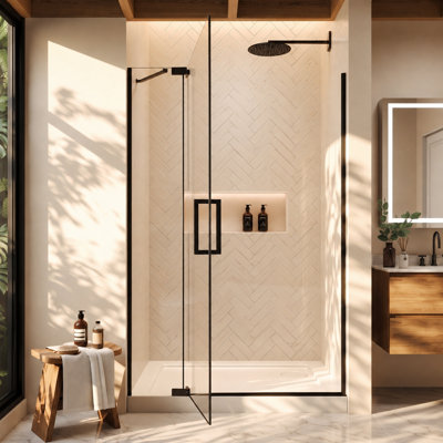 Porte de douche sans cadre à pivot, verre trempé de 5/16 po avec couvercle ouvert, noir mat