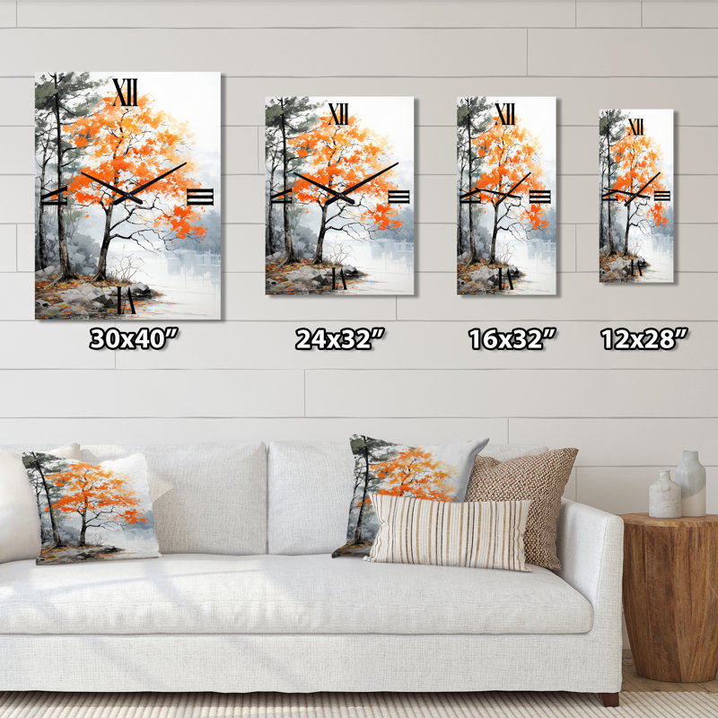 Horloge murale orange et grise forêt d'automne Elegance I, H 40 po x l 30 po x P 1 po