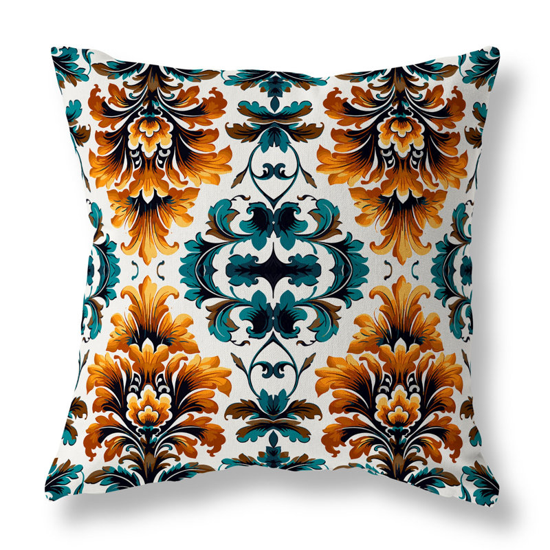 Coussin décoratif réversible intérieur / extérieur Damask Rapture, H 16 po x l 16 po, Vert / orange