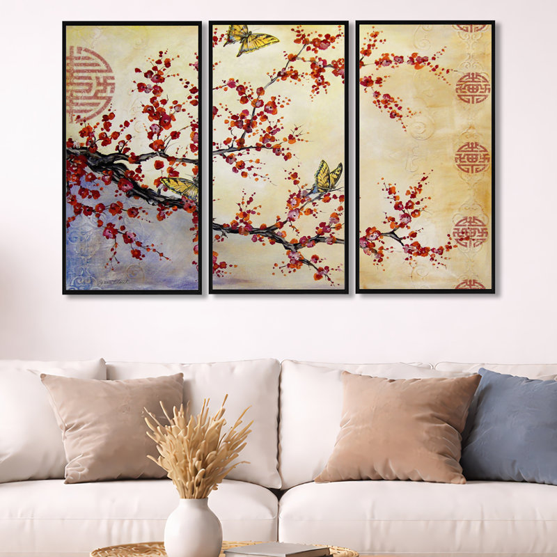 Butterfly Blossoms-Asian - Cottage_General, ensemble d'art mural sur toile encadrée, 3 pièces, Noir