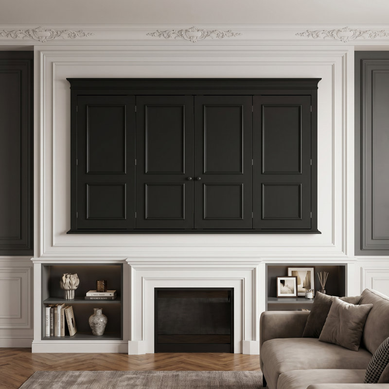 Black TV Cover Wall Cabinet With Folding Doors And Solid Frame